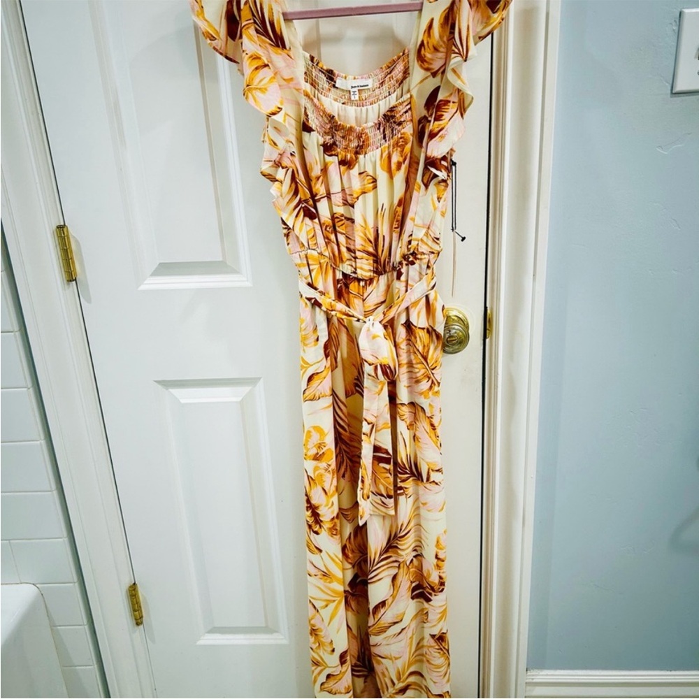june & hudson Yellow Pink Palm Print Ruffle-Sleeve Wide-Leg Jumpsuit NWT Large - Picture 5 of 11